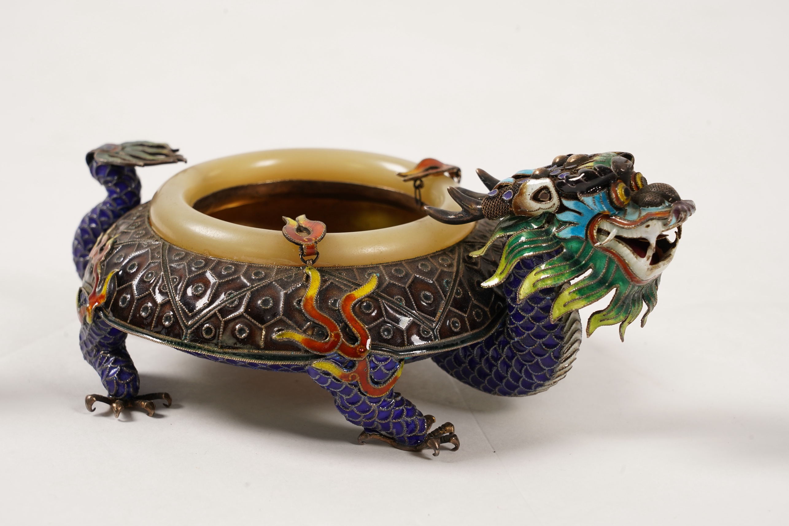 A pair of Chinese silver-gilt and enamel ’dragon’ bowls, 20th century